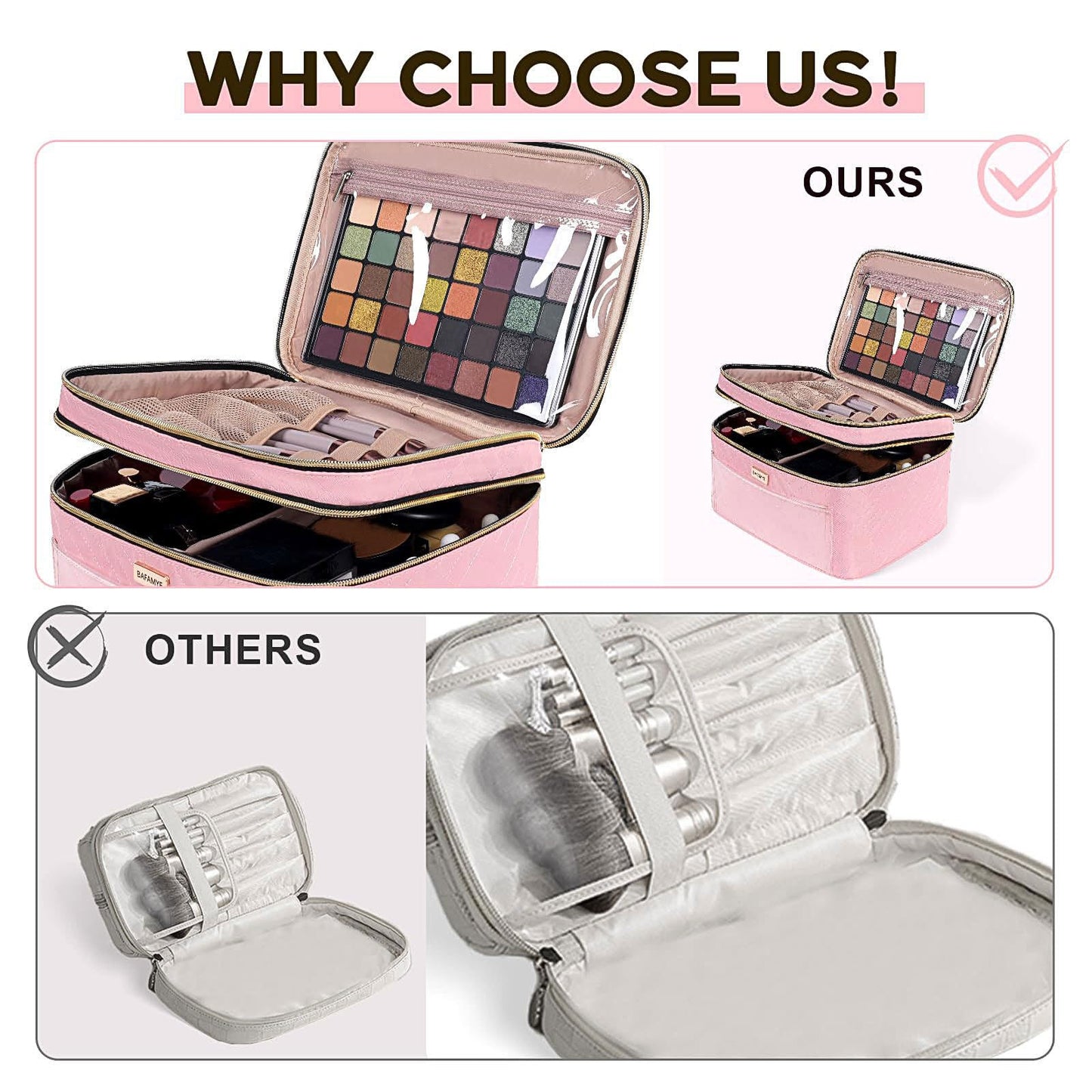 BAFAMYE Double Layer Travel Makeup Bag for Women, Large Cosmetic Case Organizer with Makeup Brush Compartment, Portable Train Case Make Up Bag for Travel-Size
