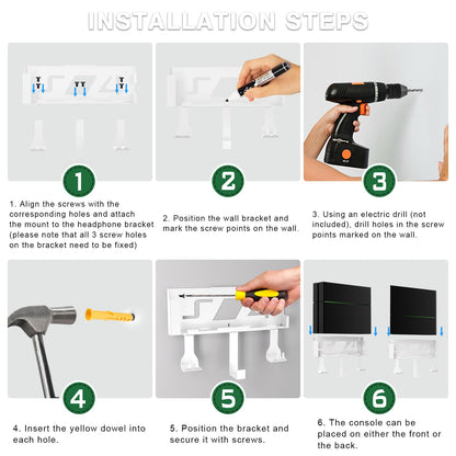 Wall Mount Kit with Detachable 2 Controller Holder & Headphone Hanger, Mount On The Wall Or On The Back Of The TV, Wall Mount Compatible with PS4, White