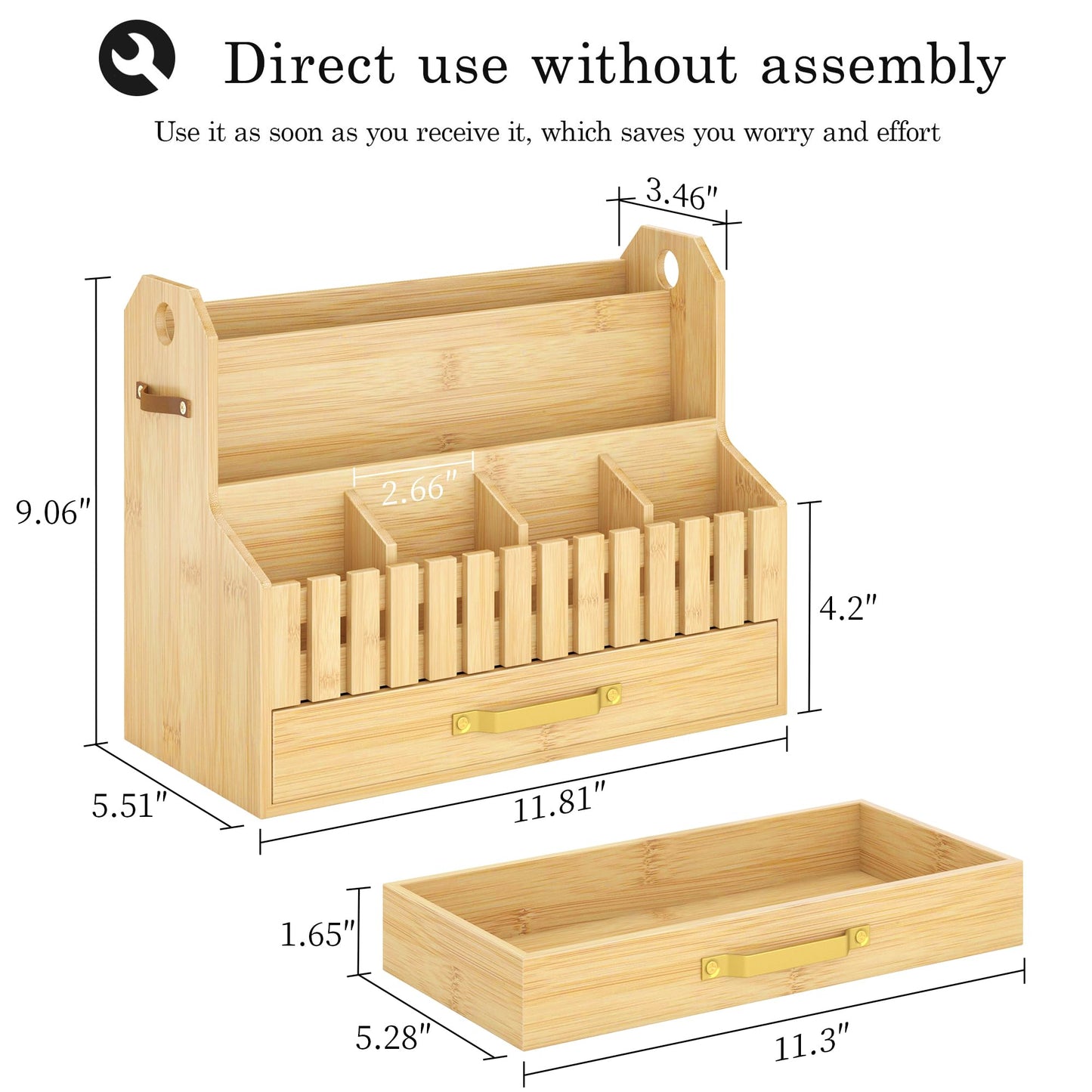 Bamboo Mail Organizer Countertop with Drawers, Wood Desk File Organizer Desktop Paper Organization Storage Bill & Letter Sorter Holder for School Home Office Supplies, No Assembly Required (Nature)