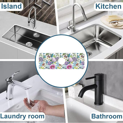 Beautiful Floral Kitchen Sink Splash Guard Faucet Mat Flower Bird Butterfly
