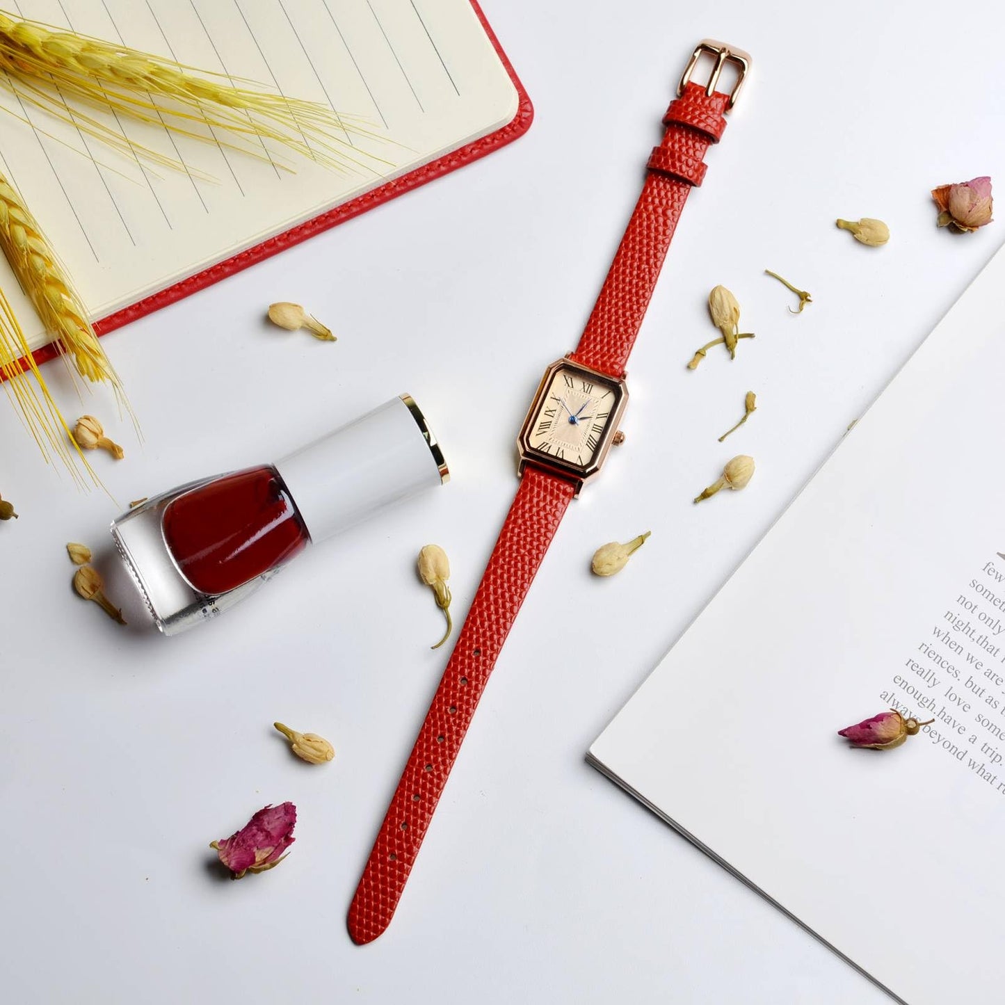 ANNEFIT Women's Leather Watch Band 12mm with Rose Gold Buckle, Lizard Grain Slim Thin Replacement Strap (Red)
