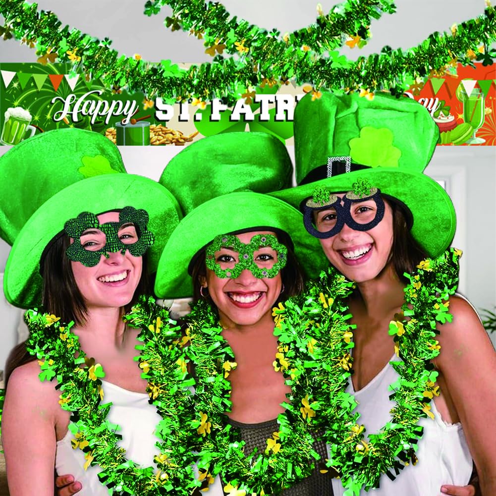 66 Ft St.Patrick's Day Tinsel Garland 2Pcs Green with Shamrock Saint Patricks Day Decorations for Saint Patrick's Day Party Decor Shiny Hanging Clover Green Tinsel Garland