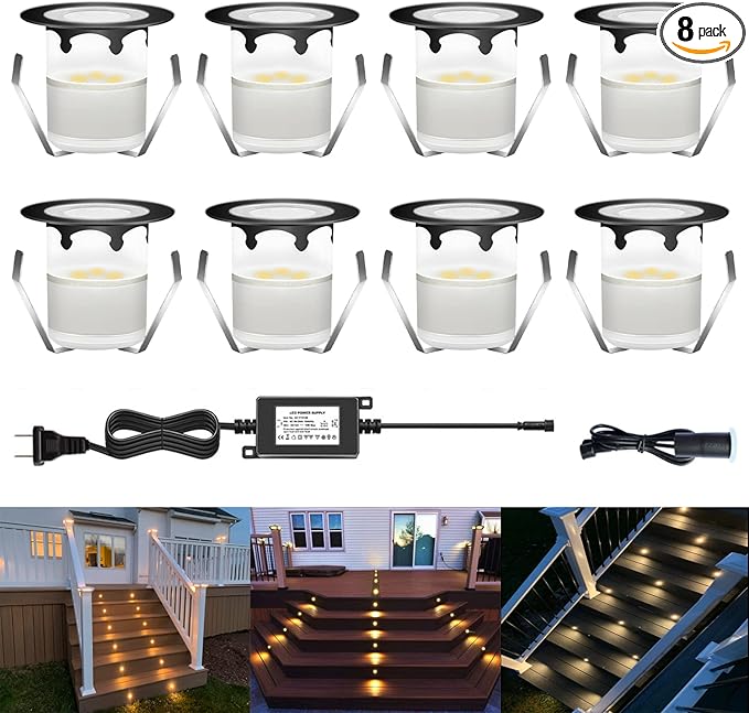 LED Outdoor Deck Lights with Photocell, Warm White Φ1.18in Low Voltage 12V DC IP67 Waterproof, Electric Wired Recessed Round Up Landscape Lighting for Outside Stair Step Riser, 8 Pack Black
