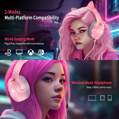 PHOINIKAS PS4 Gaming Headset for PS5, PC, Switch, Q9 Over Ear Gaming Headphones with Detachable Mic, Wireless Bluetooth 5.3 Music Headphones only for Phone/Laptop/Table (Pink)