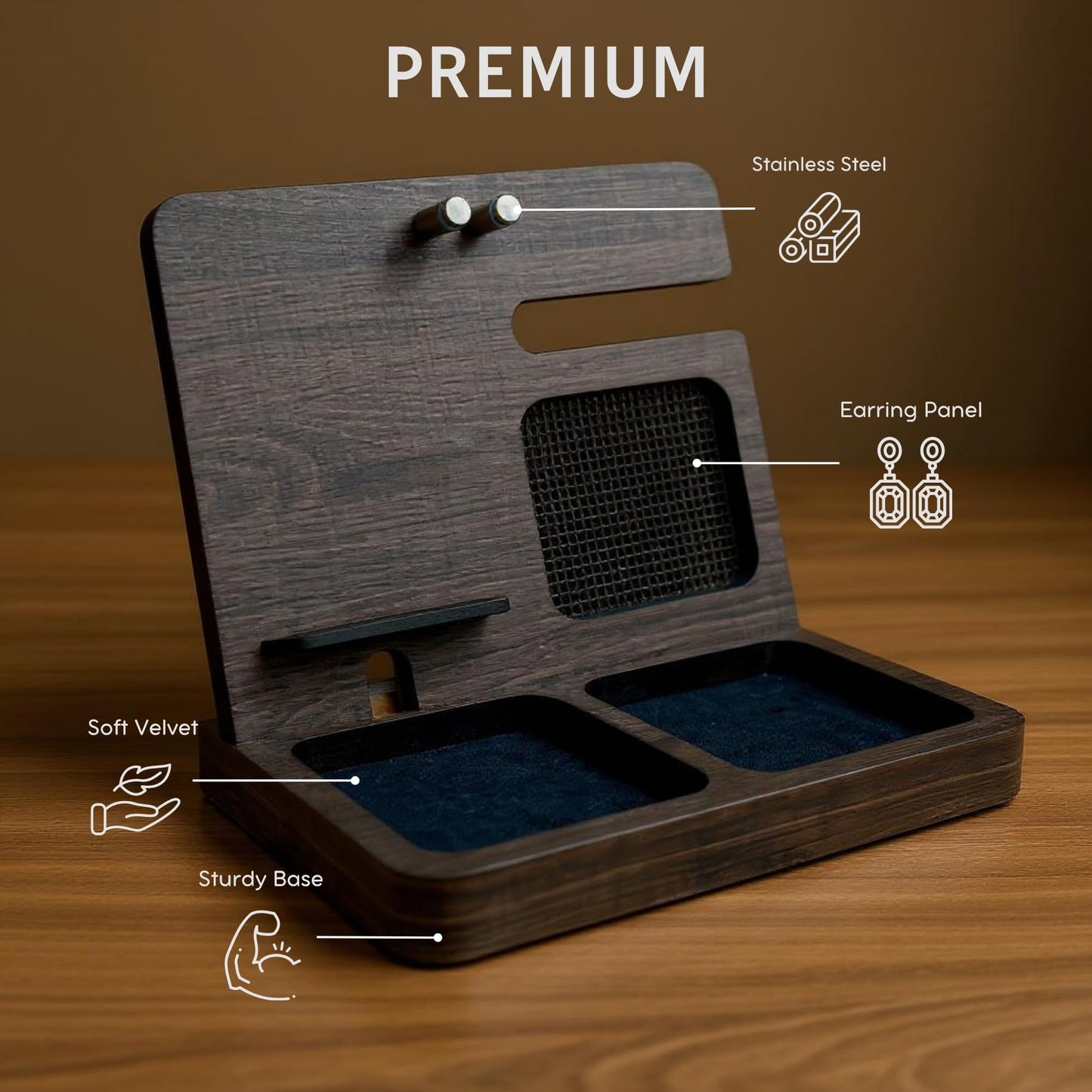 Namore Nightstand Organizer for Women – Wood Phone Docking Station & Jewelry Valet Tray for Phone, Earrings, Wallet & Keys – Unique Gifts for Women, Wife, Mom