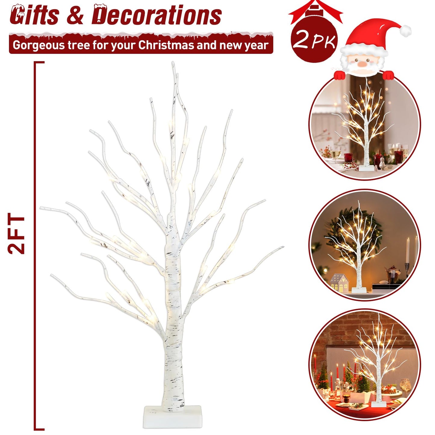 PEIDUO Home Decor, 2FT Birch Tree with LED Lights, Warm White Light up Tree Lamp, Artificial Trees for Home Table Inside, Battery Powered, Timer (2PK)