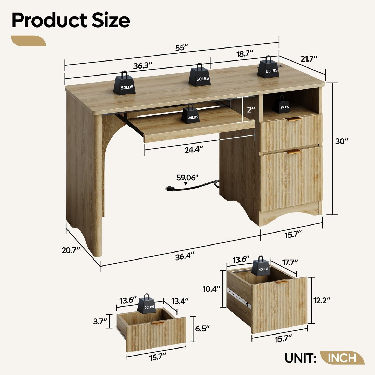Bestier Computer Desk with Drawer, 55 inch Office Desk with Power Outlet, Modern Home Office Desk with Keyboard Tray (Natual Oak, 55" W with Single-Sided Drawers)