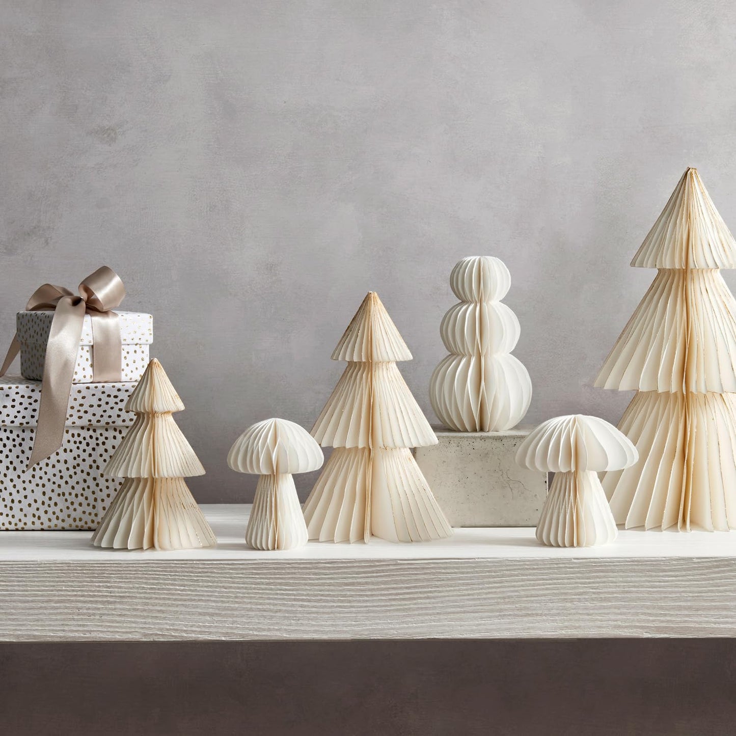 LampLust Paper Tree Decor, 2 Pack Honeycomb Paper Trees, 10 & 12 Inch, White & Gold Glitter Edge, Christmas Table Decor, Holiday Table Centerpieces, Christmas Decorations