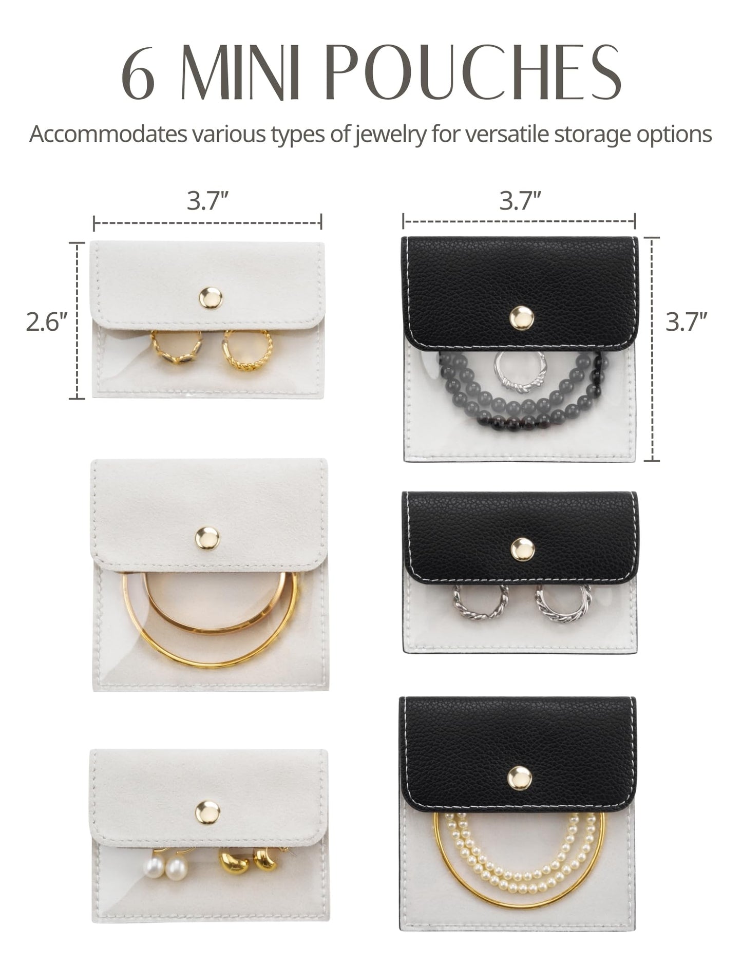 Popvibe Travel Jewelry Box Organizer Small Jewelry Case with 6 Jewelry Bags Mini Pouch, Portable Traveling Jewelry Case for Women, Black Leather Compact Jewelry Travel Necklace Case Holder