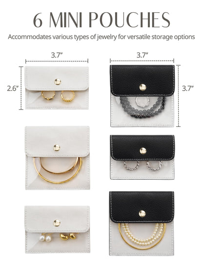 Popvibe Travel Jewelry Box Organizer Small Jewelry Case with 6 Jewelry Bags Mini Pouch, Portable Traveling Jewelry Case for Women, Black Leather Compact Jewelry Travel Necklace Case Holder
