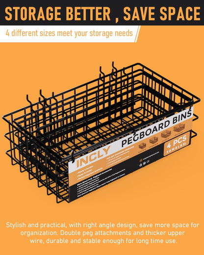 INCLY 4 Pack Pegboard Baskets Bins Set, 4 Size Square Style Black Metal Wire Basket for Any Peg Board Organizing Tools, Pegboard Accessories for Workbench Garage Wall Storage Attachments
