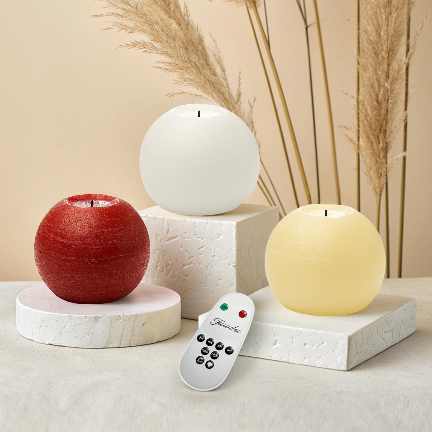 FUWDEO Flameless Candles with Remote & Timer,4" H LED Battery Operated Round Candle 2 Pack,Real Wax Christmas Candle Lights Flickering for Christmas Gift Wedding Home Decor (Red)