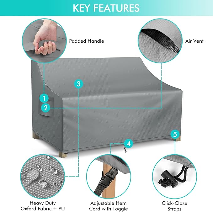 WLEAFJ Patio Sofa Cover Waterproof, 2-Seater Patio Loveseat Cover, Heavy Duty Outdoor Couch Cover, Outdoor Furniture Covers with Air Vent, 60’’ W x 34’’ D x 30’’ H, Grey