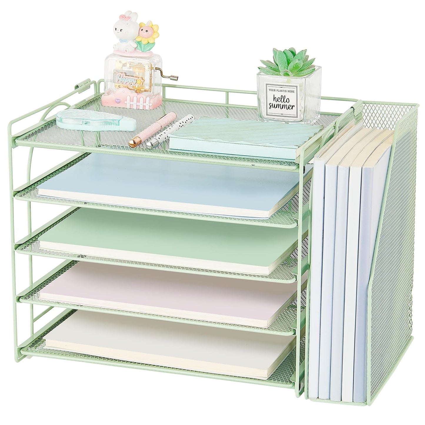 AUPSEN Green Desk Accessories Organizer,5-Tier Letter Tray Paper Organizer with Adjustable File Holder, Desktop Office Desk Accessories for Office Supplies