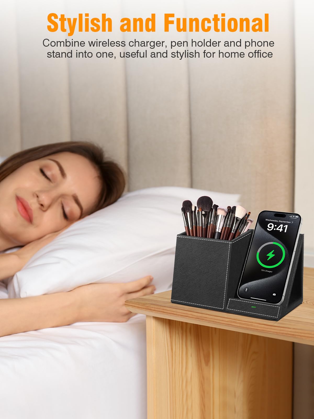 TopMade Wireless Charger with Pen Pencil Holder, Leather Mltifunctional Desk Nightstand Organizer, Fast Charging Station Remote Control Holder, Office Supplies Desk Accessories, Gifts for Men(Black)