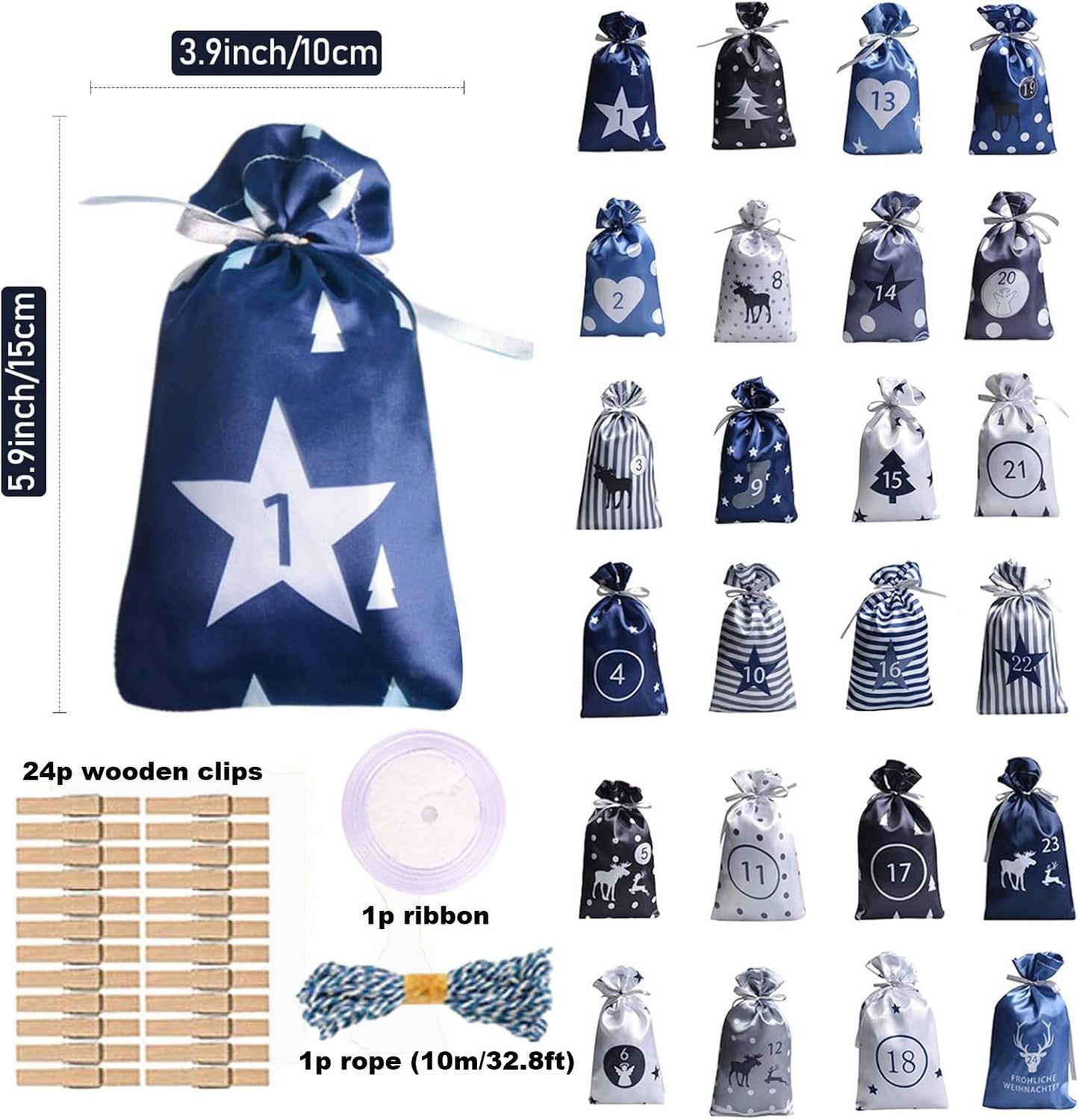 24 Pcs Christmas Drawstring Gift Wrap Bags Reusable Advent Calendar Bags Cute Xmas Candy Toys Goody Treat Bag Pocket for Holiday Weedings Birthdays Party Favor Home Storage Gift Bag