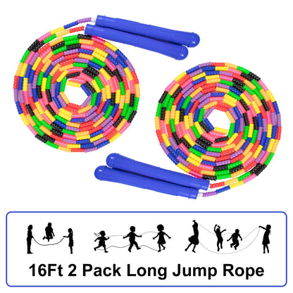 Double Dutch Jump Rope 16 Ft 2 Pack, Long Jump Rope for Kids Adults, Skipping Rope Soft Beaded Multiperson