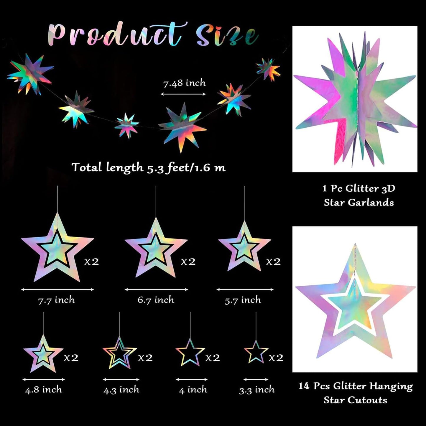 AimtoHome Holographic Star Garland Decorations– 14 Rainbow Paper Stars & 5.5ft 3D Twinkle Hanging Decor for Party, Home, Window, Door，Christmas Party Backdrop Decor (Modern Glitter Style)