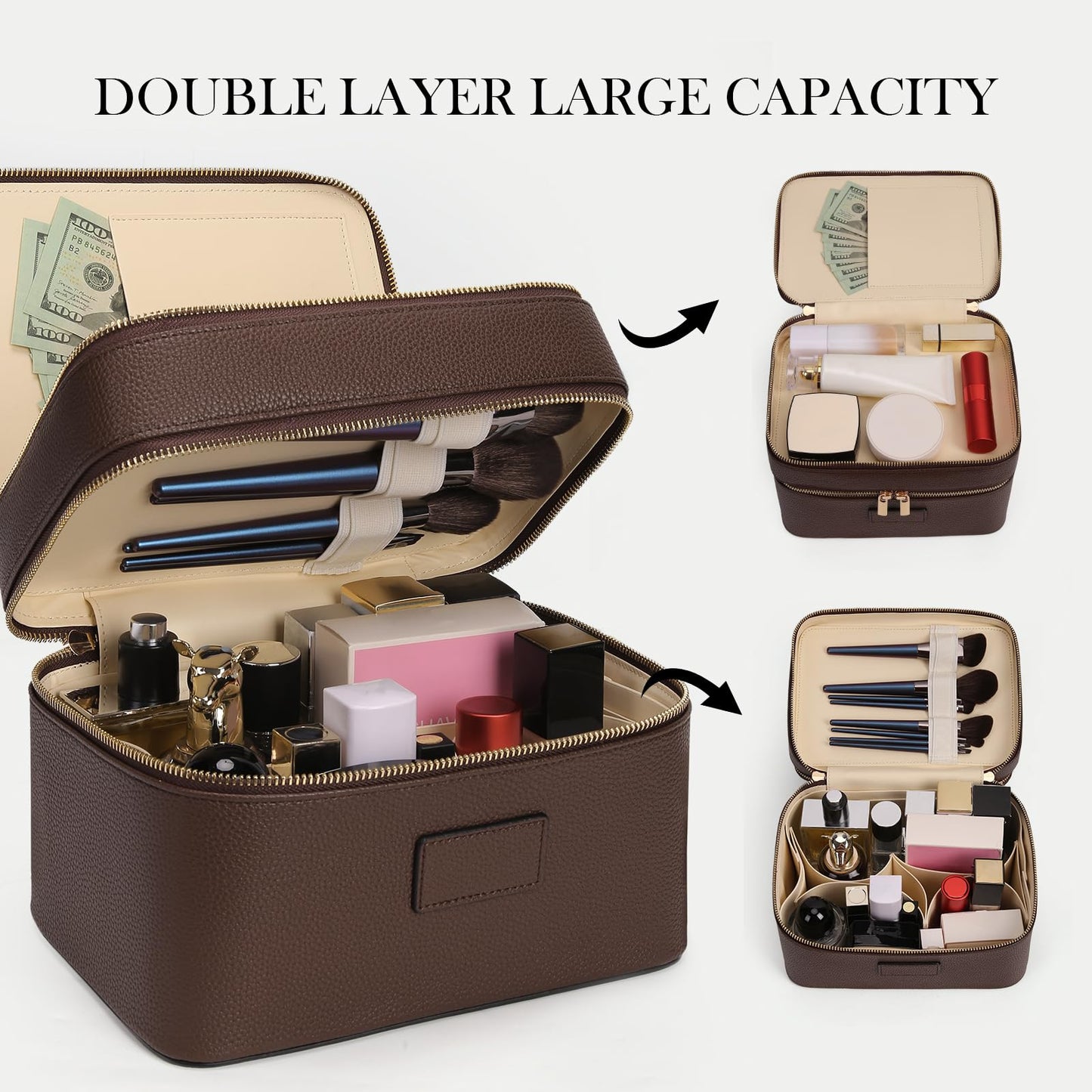 HiTotes Large Makeup Bag Duo Vanity Case for Women Leather Makeup Case Travel Toiletry Bag Portable Double Layer Cosmetic Bag