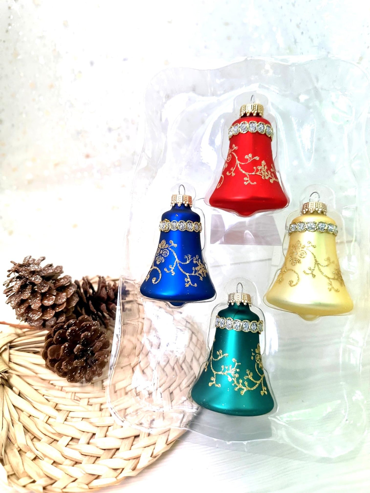 Glass Christmas Tree Ornaments - 67mm/2.625" [4 Pieces] Decorated Balls from Christmas by Krebs Seamless Hanging Holiday Decor (Red, Gold, Navy & Green 3" Bell w/Glitterlace & Braid)