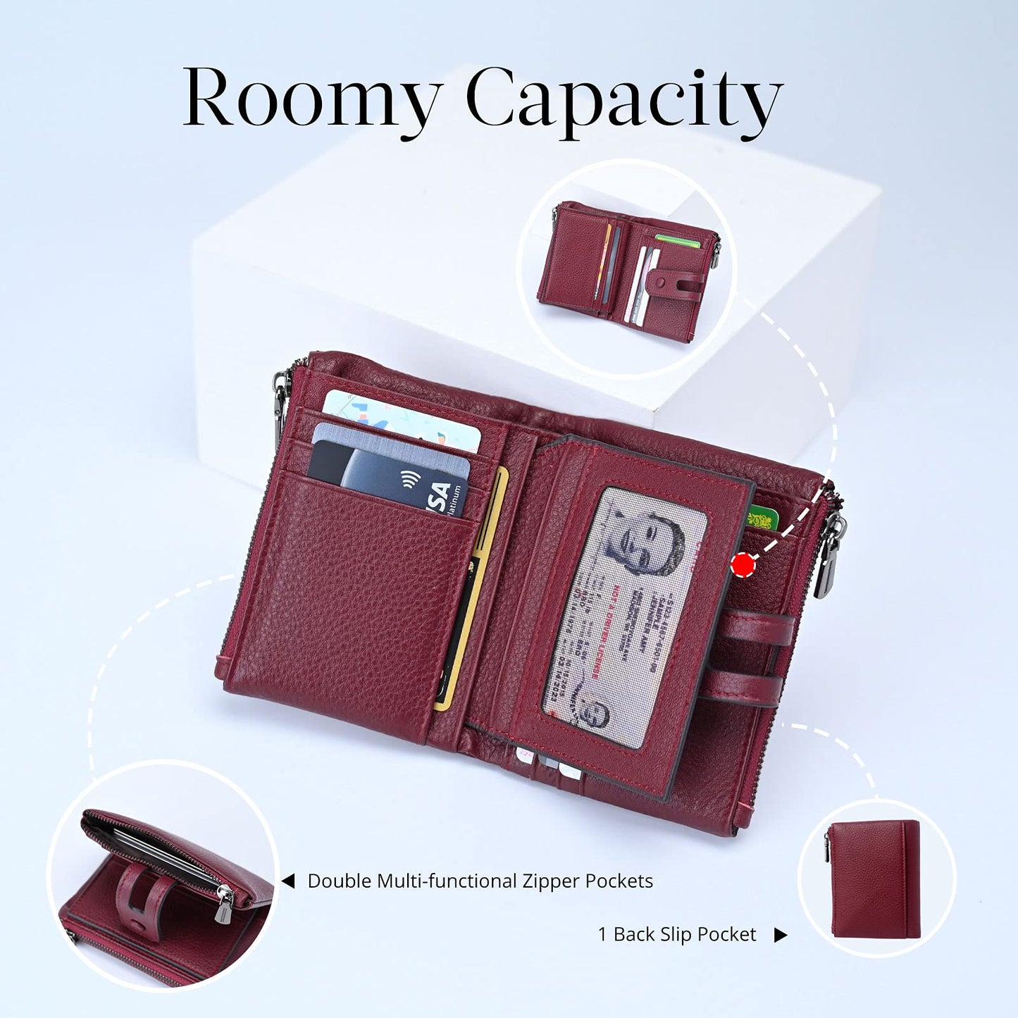 Bveyzi Small Soft Leather Wallet for Women RFID Blocking Ladies Card Holder with Double Zipper Pocket (Wine Red)
