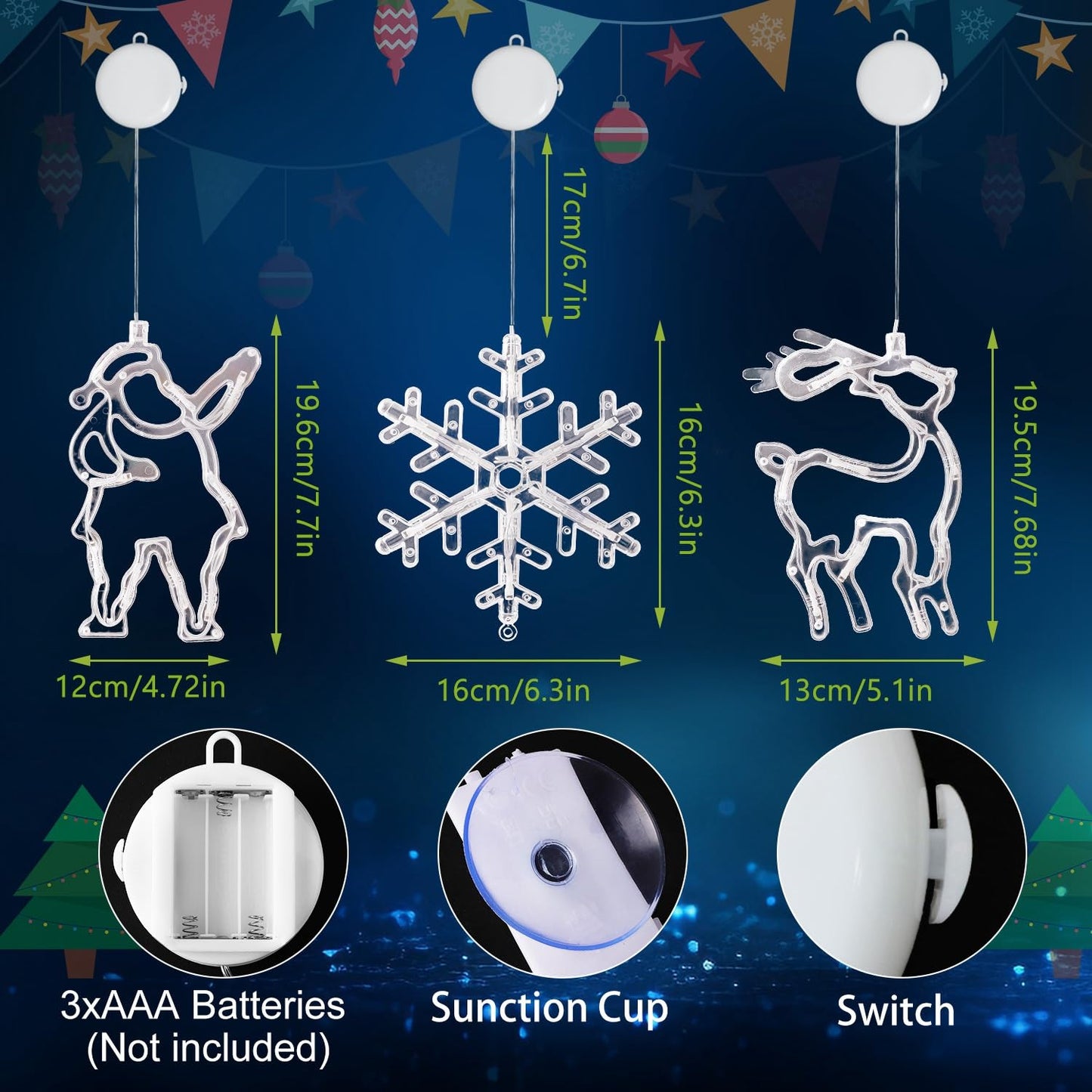 3Pcs Christmas Window Lights, Battery Powered Christmas Window Hanging Decorations Reindeer & Xmas Tree & Snowflake Shaped Indoor Lights with Suction Cup, Timer for Xmas New Year Home Decor
