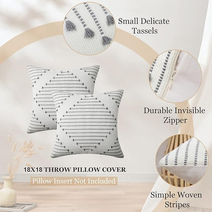 Mecatny Boho Outdoor Throw Pillow Covers 18X18 Set of 2, Farmhouse Decorative Pillow Covers for Couch Sofa Living Room, Grey & Cream White
