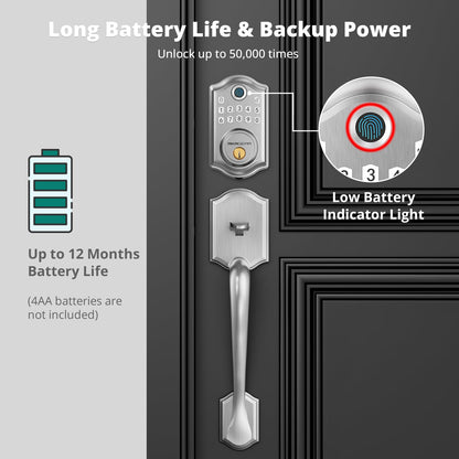 Keyless Entry Door Lock with Handle Set - Fingerprint Door Locks, Electronic Keypad Deadbolt, Smart Locks for Front Door, Auto-Lock & One Touch Locking, Easy Installation - Satin Nickel