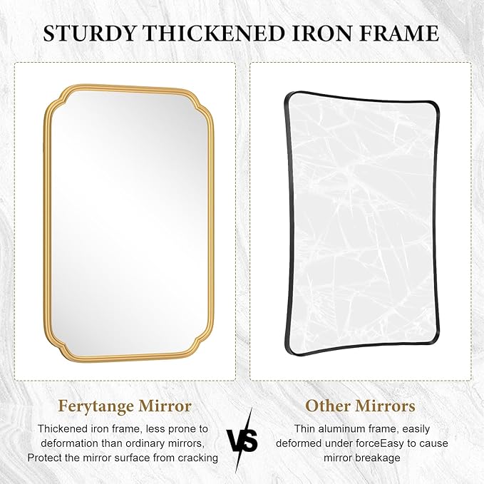 Gold Bathroom Mirror for Wall 36" x 36" Square Bathroom Vanity Mirror Farmhouse, Large Rounded Rectangle Mirror, Anti-Rust, Tempered Glass, Hangs Horizontally or Vertically