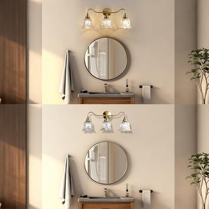 3-Lights Bathroom Vanity Light Gold Vintage Light Fixtures Floral Flower Matte Antique Brass Crystal Glass Shade, Wall Sconces Lighting for Living Room, Bedroom, Hallway（E12 Base）