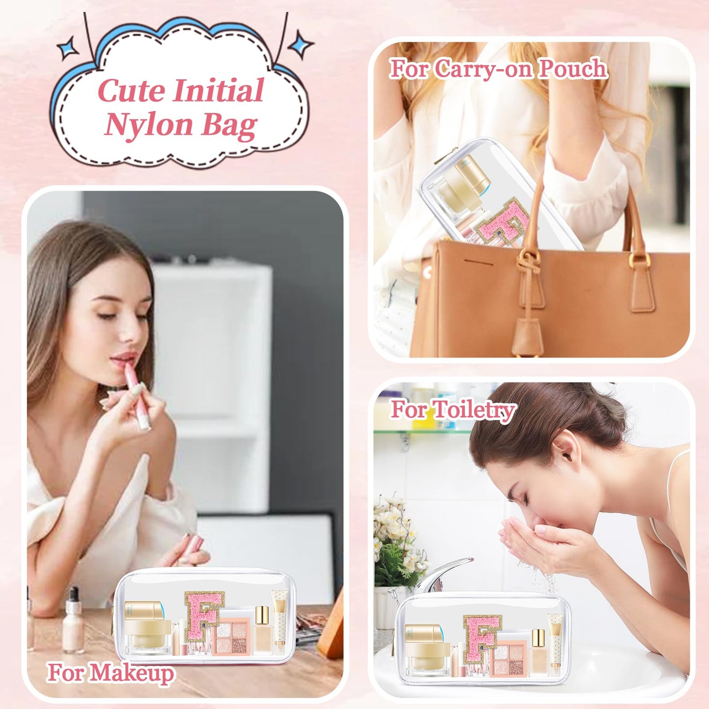 Small Clear Personalized Initial Makeup Bag,Nylon Preppy A-Z Chenille Letter Patch Cosmetic Pouch Beach Toiletry Bag,Waterproof Zipper Travel Purse Storage Bag Organizer for Women Girls(White-Pink F)