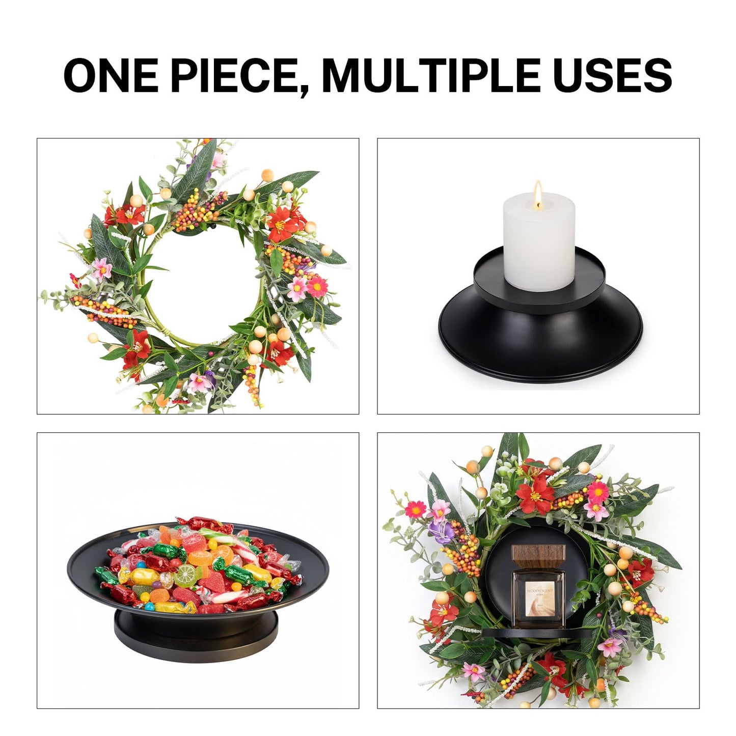 MOYEE Summer Centerpieces for Tables Wreath with Candle Holder,Candle Ring, Black Metal Candlestick with an Artificial Wreaths 14 in Versatile Dining Table Centrepiece (Red Flower Green Leaf Wreath)