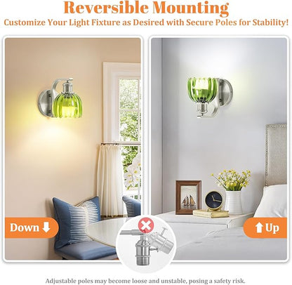 Rechargeable Battery Operated Wall Sconce Set of Two with Green Glass Lampshade, Wireless Wall Scone Decor with Remote Control, 15 Colors Brushed Nickle Wall Light for Bedside Hallway Bedroom Doorway