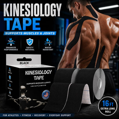 JLB Kinesiology Tape – 2 Rolls, 2 in x 16 ft – KT Tape for Shoulder, Knee, Wrist & Ankle – Waterproof Athletic Tape – Latex-Free Sports Tape for Pain Relief, Muscle Support & Physical Therapy (Black)