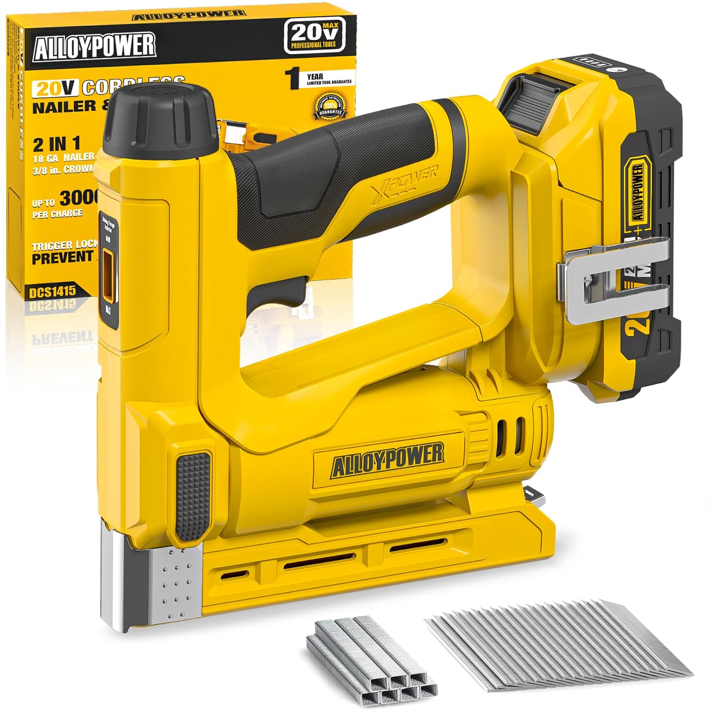 ALLOYPOWER 3/8''Crown Stapler, 18 Gauge 2 in 1 Cordless Brad Nailer/Electric Stapler with 2.0AH Battery & Charger, Nail Gun Battery Powered with 2,000PCS Staples and Nails for Upholstery & Family DIY