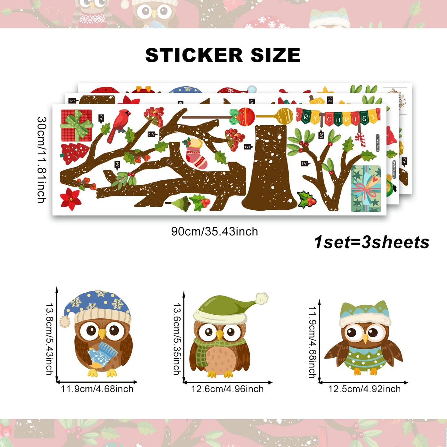 Christmas Tree Wall Stickers Vinyl Cute Owl Wall Decals Peel and Stick Decal for Home Office Walls Windows Doors Christmas Decor (35.43inch x 11.81inch, 3 Sheets)