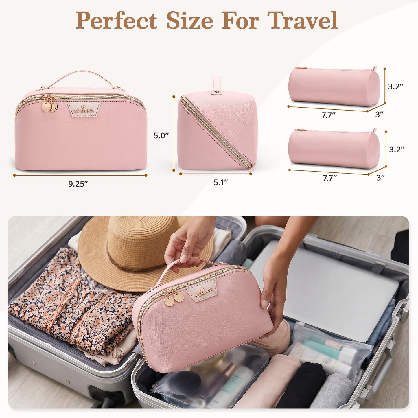 MOT HINN Travel Makeup Bag for Women: 3-in-1 Large Capacity Cosmetics Organizer with 2 Detachable Pouch - Vegan Leather Flat Open Toiletry Bag - Portable Travel Essentials for Full-Sized Bottles(Pink)