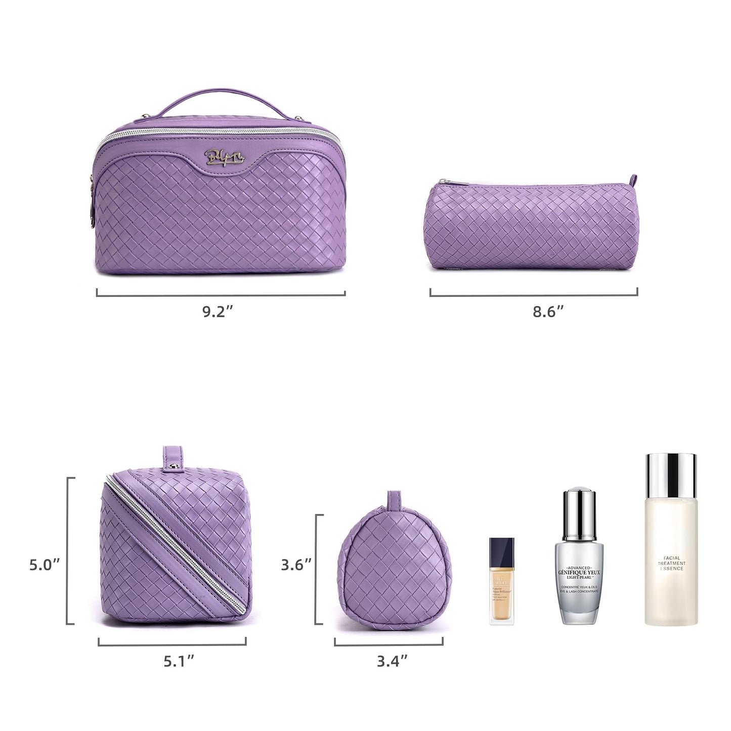 BOYATU Travel Makeup Bag Cosmetic Bags for Women: Large Capacity 3 Pcs Set Make up Bag with Compartments - Waterproof Vegan Leather Toiletry Organizer Bags with Handle (L01 Purple)