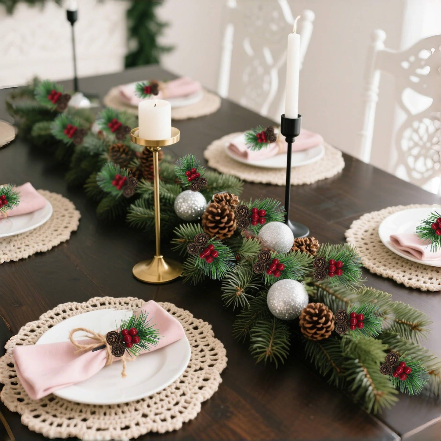 Christmas Floral Picks with Pine Cones and Holly Berries, 30Pcs Artificial Pine Greenery Stems Christmas Picks and Sprays for Holiday Decoration, Crafts, Gift Wrap Embellishments (30)