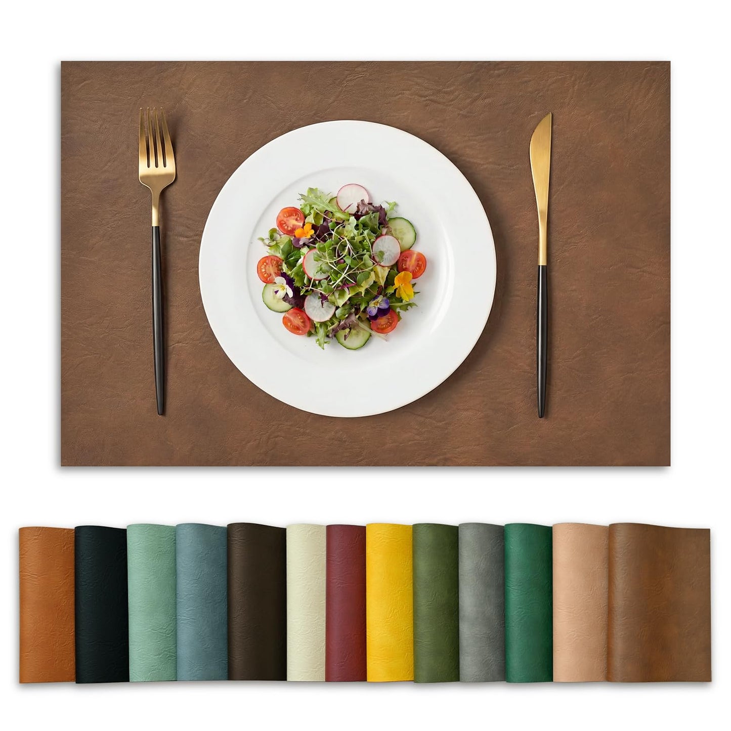 Artoid Mode Brown Faux Leather Placemats Set of 6, 12x18 Inch Waterproof Wipeable Heat Resistant Vinyl Place Mats, Reversible Table Mats for Kitchen Dining Decor