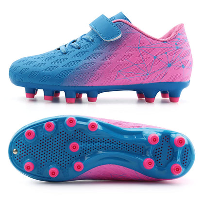 brooman Kids Firm Ground Soccer Cleats Boys Girls Athletic Outdoor Football Shoes(3.5,Blue Pink)