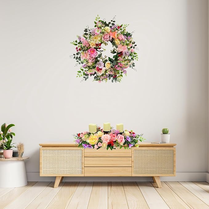 24 Inch Spring Summer Wreath for Front Door Outside Artificial Peonies Rose Flowers Morning Glory Mixed Flowers for Outdoor Front Door Indoor Wedding Wall Window Décor All Season