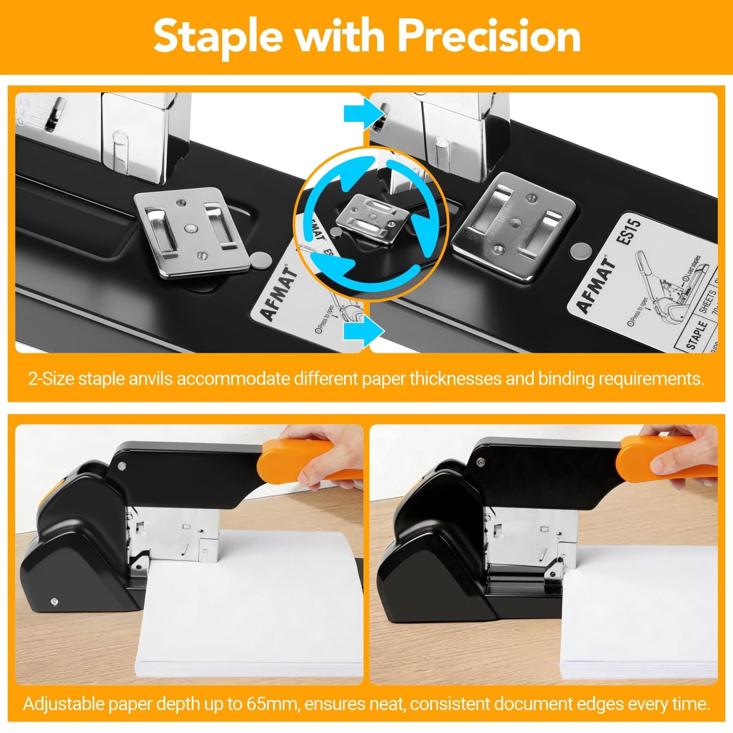 AFMAT Heavy Duty Stapler, 220 Sheets Capacity Stapler for Classroom, 60% Reduced Effort, Jam Free, Adjustable Paper Depth, Metal Desk Office Staplers w/ 50,000+ Uses, Includes 7000Pcs Staples, ES15