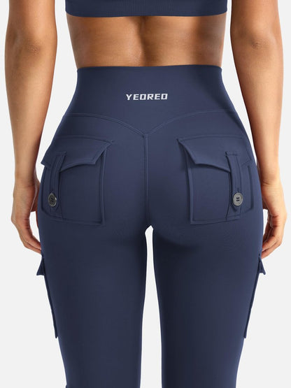 YEOREO CoreFlex Women Workout Flare Leggings with Pockets Hidden Scrunch High Waisted Cargo Gym Yoga Leggings Navy L