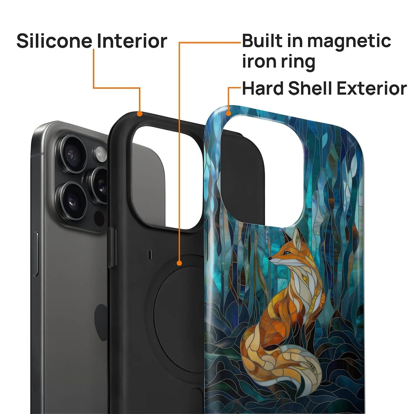 SKAMIX Magnetic Phone Case for iPhone 15 Pro Max,Compatible with MagSafe,Durable 2 Layers Full Covered Shockproof Protective Cover-Glassy Forest Fox