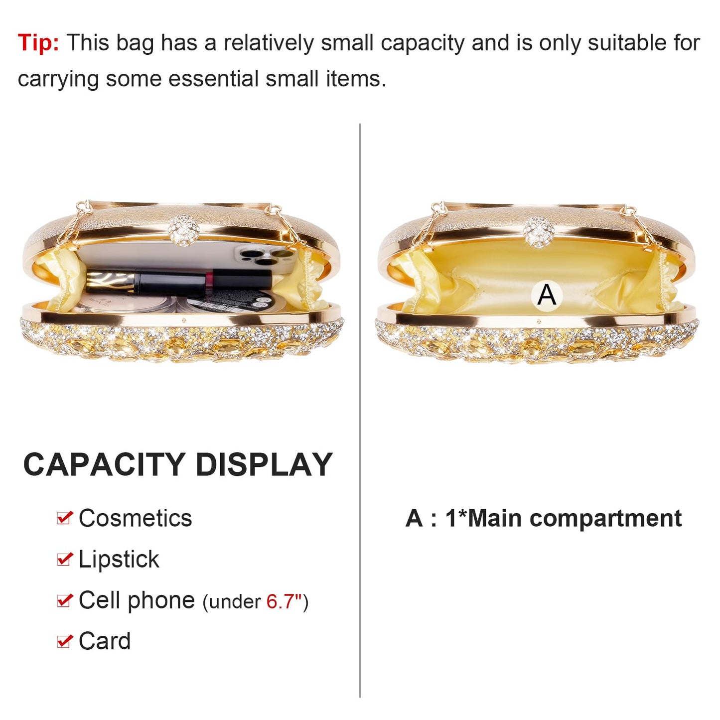 RNIEGA Rhinestone Clutch Purses for Women Large Capacity Evening Bag with Detachable Chain for Wedding, Prom, Parties
