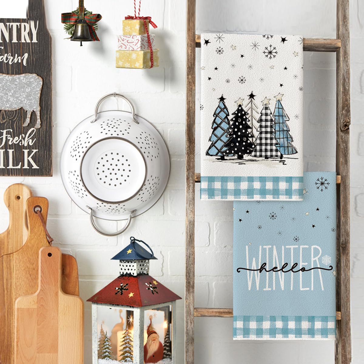 Artoid Mode Blue Buffalo Plaid Snowman Xmas Trees Christmas Kitchen Towels Dish Towels, 18x26 Inch Hello Winter Decoration Hand Towels Set of 4