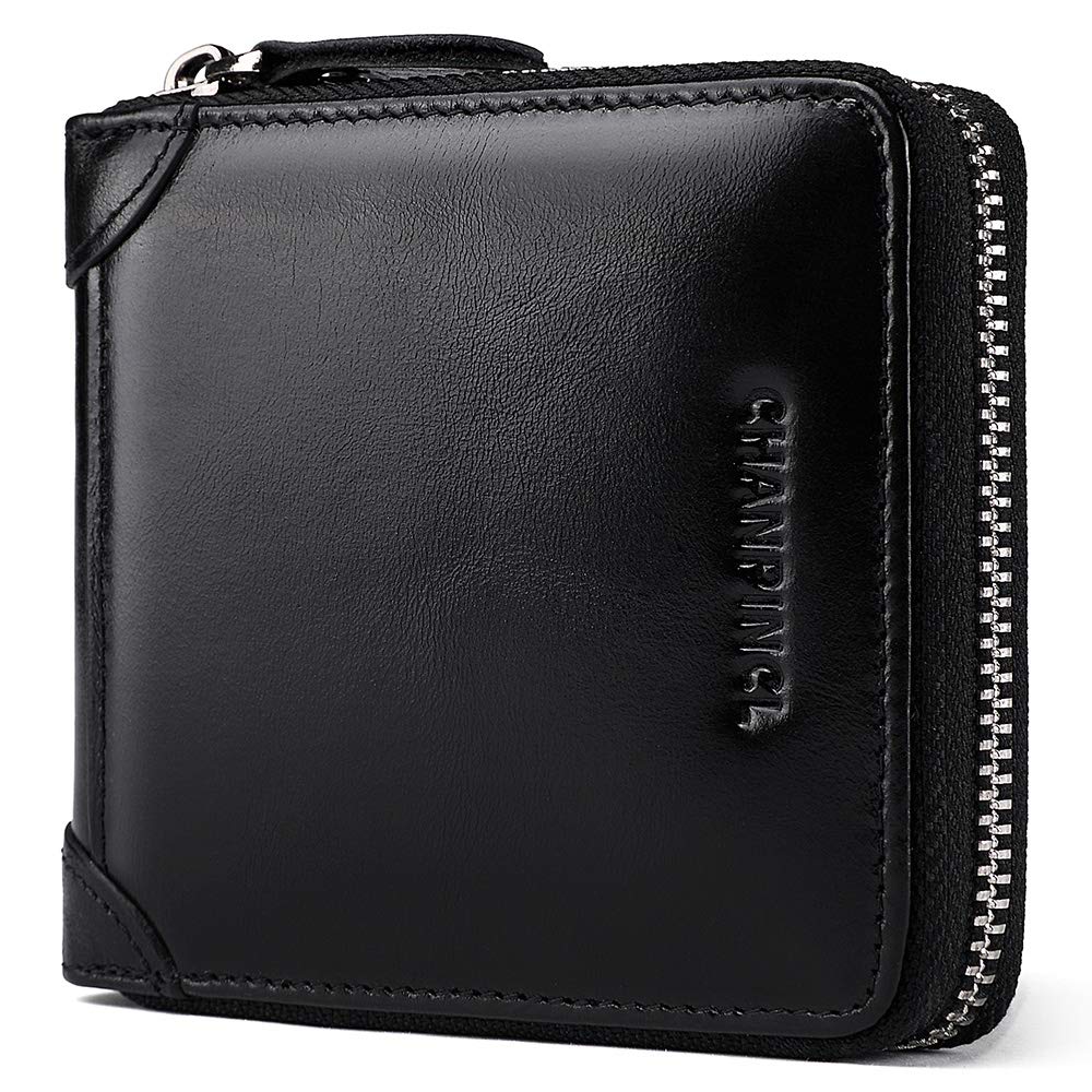 Mens Genuine Leather Zipper Wallet RFID Secure Large Capacity Double Fold Multi-card Leather Wallets for Men and coin purse (Oil wax black)