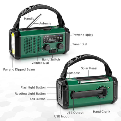 10000mAh Hand Crank Emergency Radio, NOAA Weather Radio with AM/FM & solar Radio, Rechargeable Battery, Flashlight & Reading Light, SOS Alarm, Compass Cell Phone Charger for Indoor Outdoor Emergencies