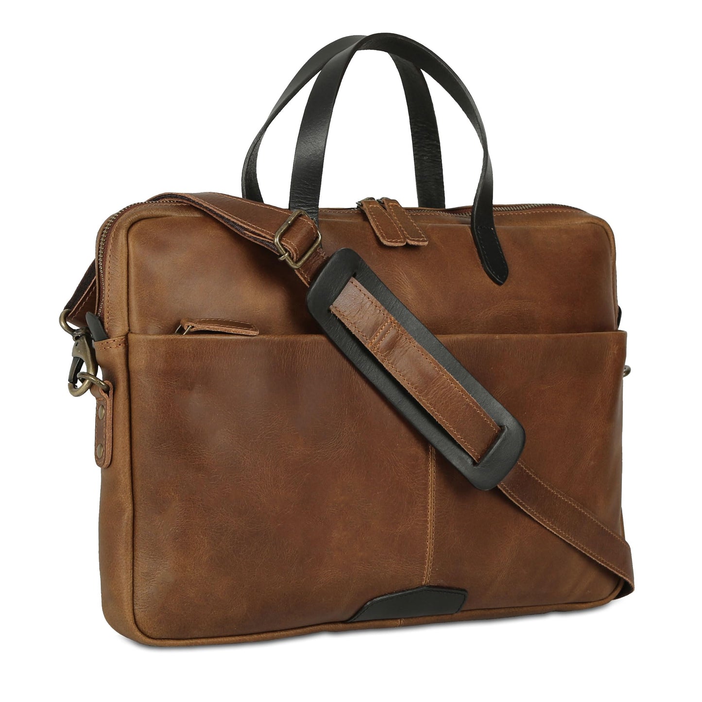 KomalC 15.5 Inch Leather Laptop Sleeve with Trolley Strap – Slim Genuine Leather Bag for upto 16" Laptops – Office Briefcase with Shoulder Strap & Organizer
